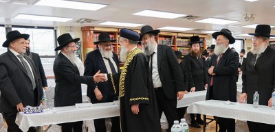 From left to right Av Beit Din Rav Ben Chaim, Rav Haimoff, and Rav Tzadkah at the Beth Gavriel gathering in honor of Chacham Yosef.